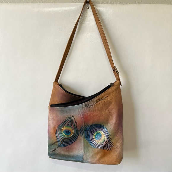 Anuschka V Top Hand Painted Peacock Leather Hobo Shoulder Bag - Picture 3 of 16